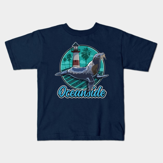California Sea Lion at Oceanside with Palm trees and Lighthouse Kids T-Shirt by SuburbanCowboy